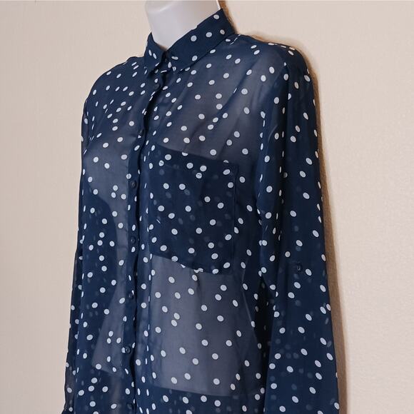 Garage Sheer Navy Polka Dot Button Down Shirt Size XS - Picture 5 of 9